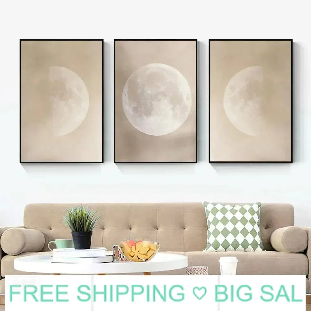 Retro Beige Full Moon Canvas Wall Art | Lunar Print Décor