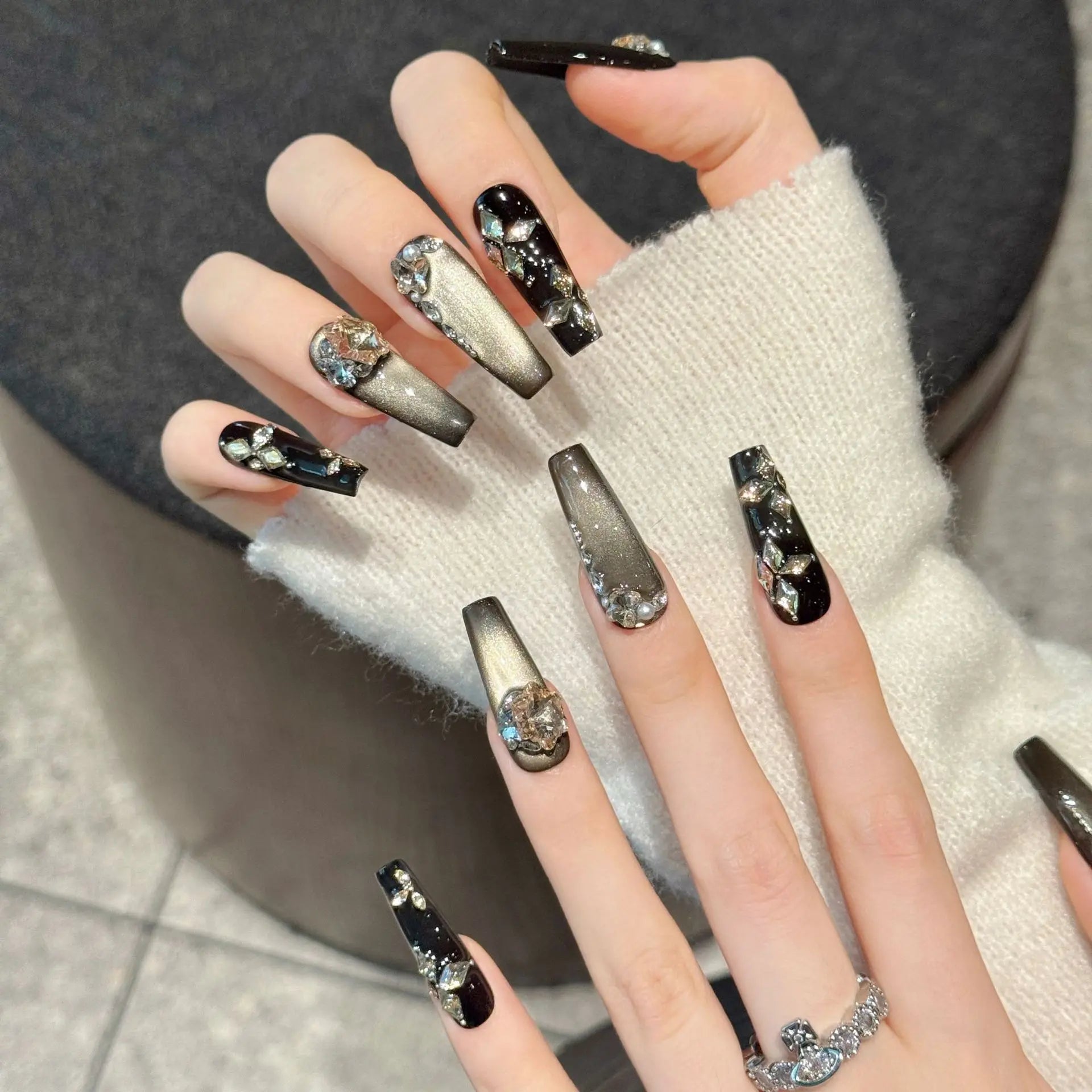 10pcs Handmade Press On Nails Retro Maillard Fake Nails Wearable Light Luxury Diamond Decor Flash Gold Cat's Eye False Nails Tip Peaceful Pleasures Health and Wellness M