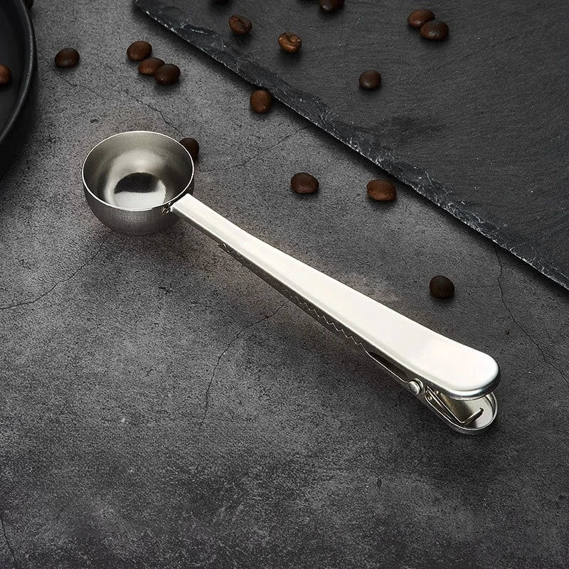 2-in-1 Coffee Scoop Stainless Steel Coffee Powder Measuring Scoop with Sealing Clip Tea Milk Powder Scoop Coffee Accessories Peaceful Pleasures Health and Wellness silver