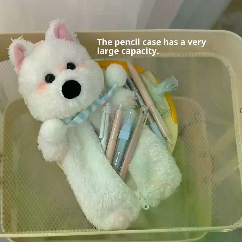 Kawaii Plush Westie Dog Pencil Case – Large Capacity Bag
