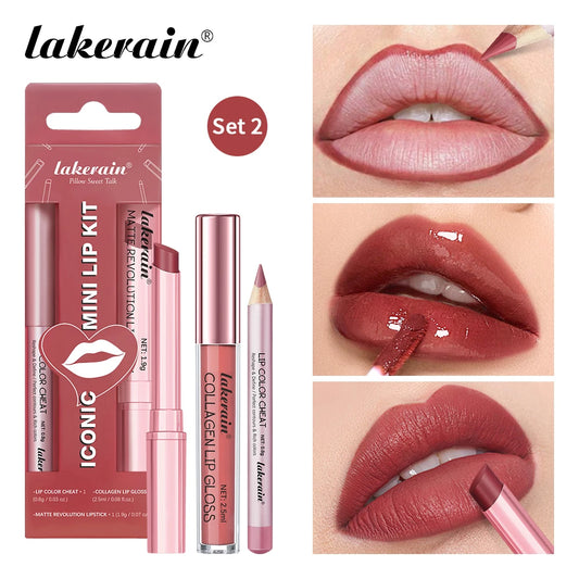 3pcs Lip Makeup Set Lip Liner Lip Gloss Lipstick Mirror Effect Beep Lips High Color Long-lasting Hydrates Travel Mini Set Peaceful Pleasures Health and Wellness