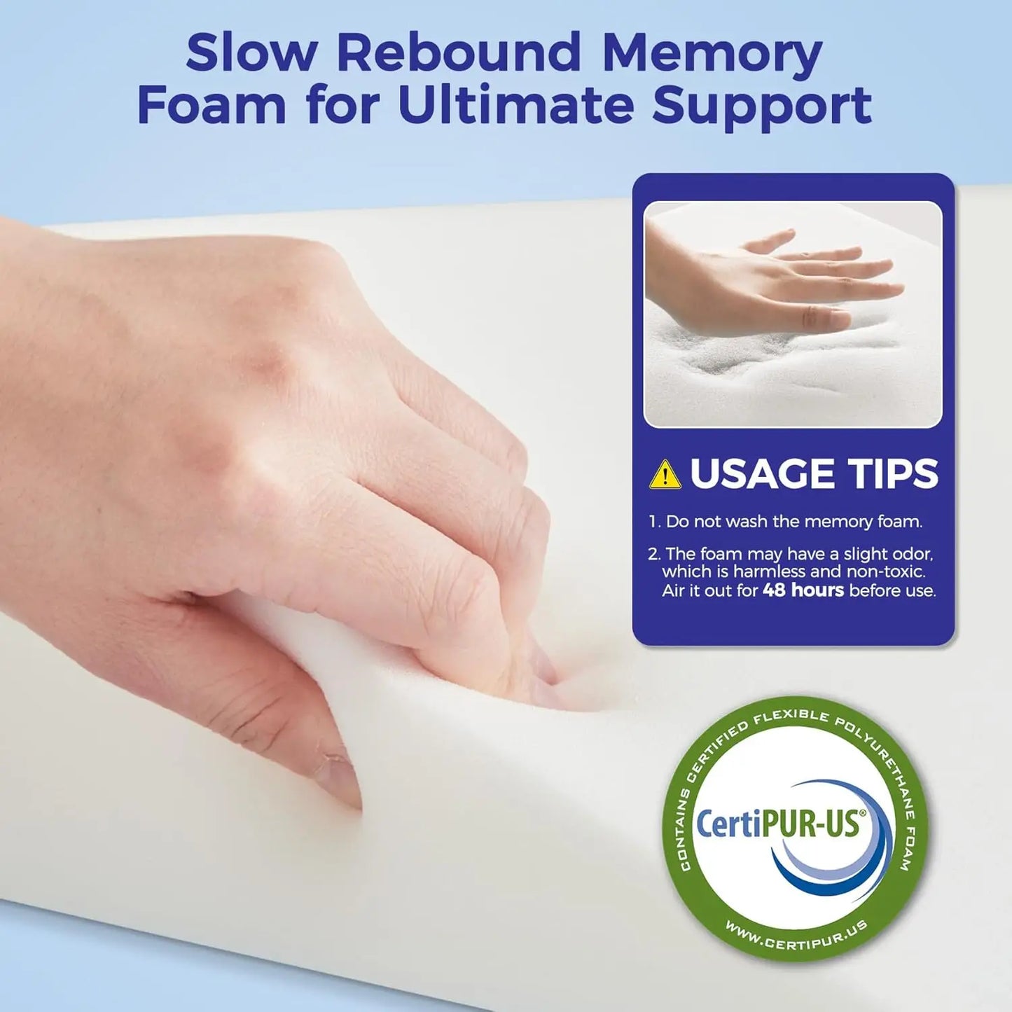 Hand pressing into slow rebound memory foam with usage tips and CertiPUR-US certification label.