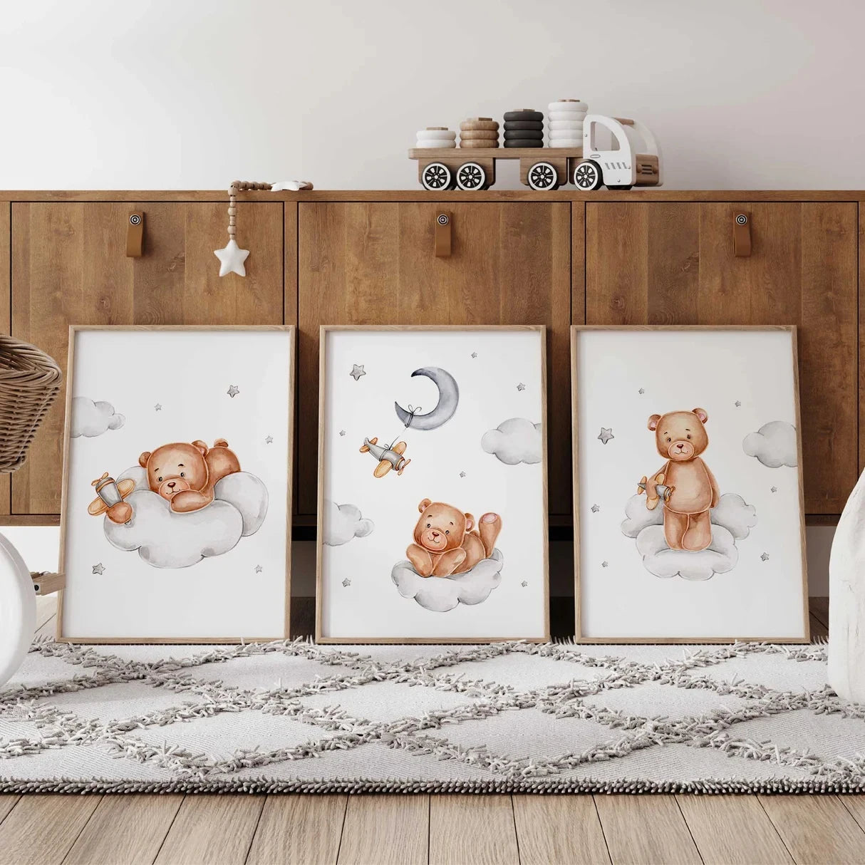 3-Piece Cartoon Bear Airplane Canvas Wall Art | Kids Room Decor