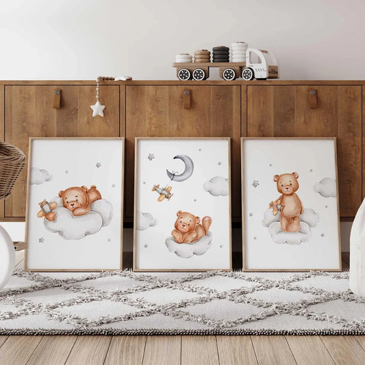 3-Piece Cartoon Bear Airplane Canvas Wall Art | Kids Room Decor Canvas Wall Art Set Peaceful Pleasures Health and Wellness