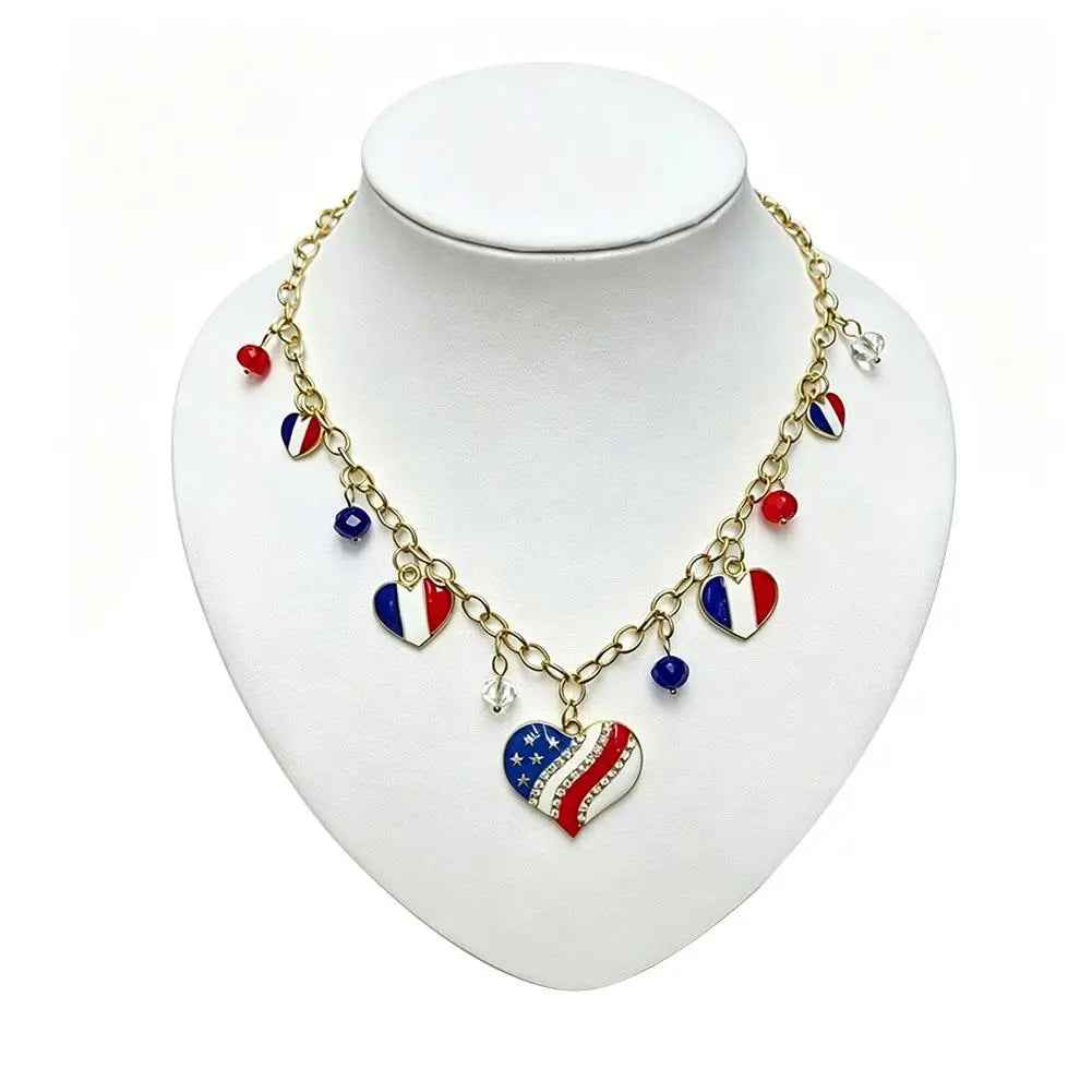 Patriotic Beaded US Flag Pendant Necklace | Gold Chain Gift