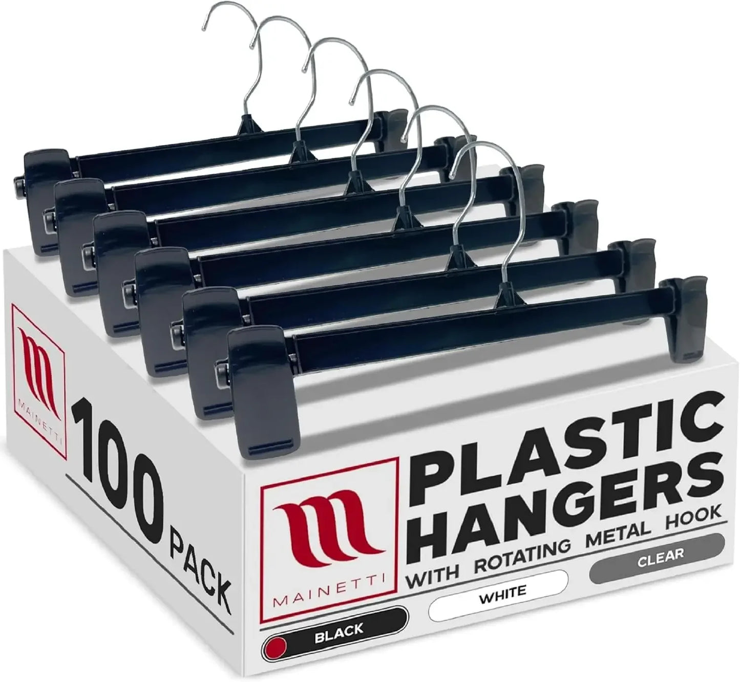 100 Pack Black Plastic Clothes Hangers with Swivel Metal Hook & Non-Slip Clips, Space Saving for Pants, Skirts, Shorts Peaceful Pleasures Health and Wellness United States