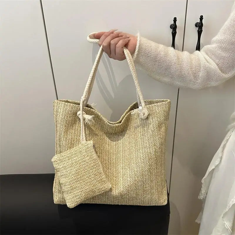 Women's Large Woven Straw Shoulder Tote Bag | Summer Fashion