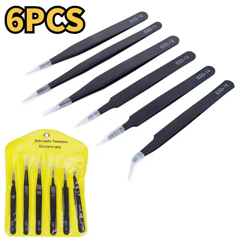 6pcs Precision Long Tweezers Set ESD Anti-Static Stainless SteelTweezers Repair Tools For Electronics Repair Soldering Craft Peaceful Pleasures Health and Wellness Black