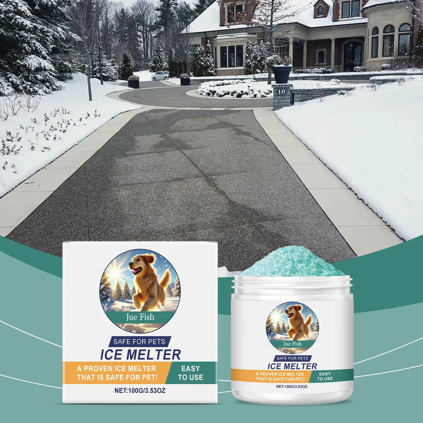 Jue-Fish Pet-Safe Ice Melt – Safe for Concrete & Paw Pads