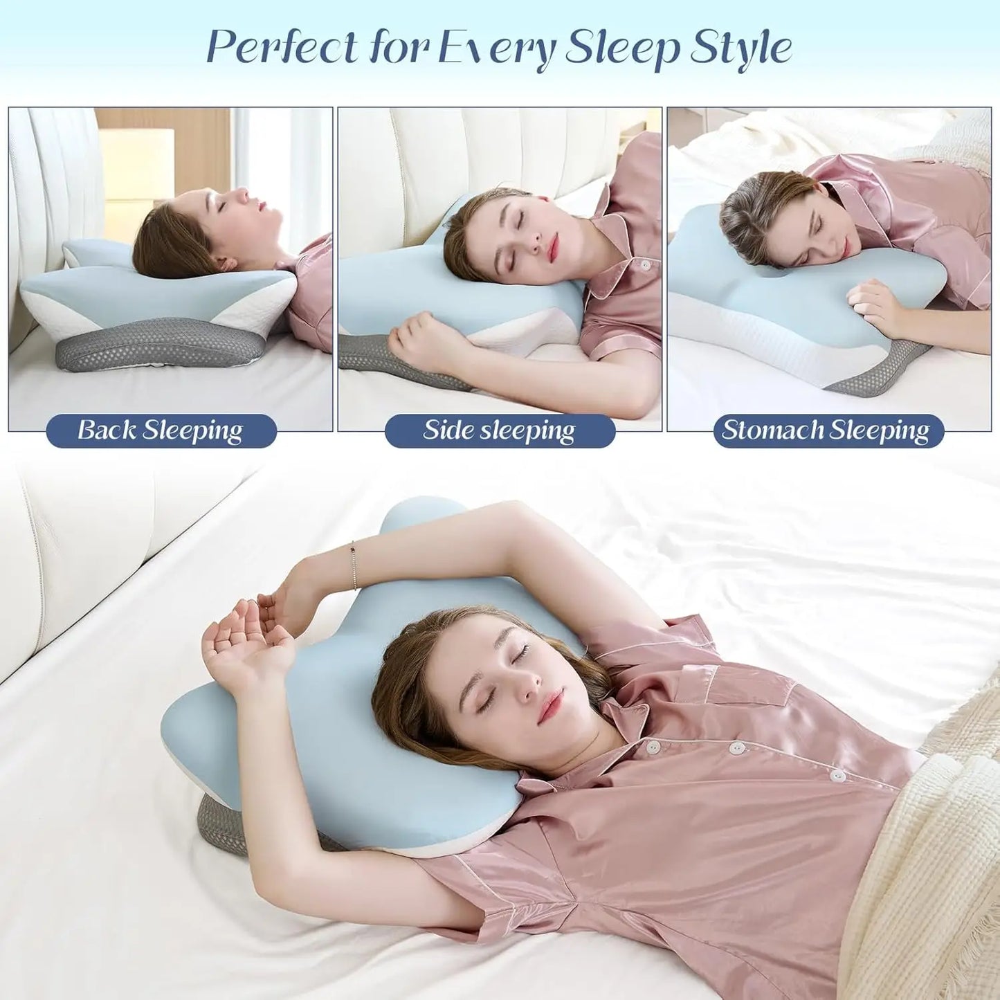 Woman using a neck pillow for different sleeping positions on a bed.