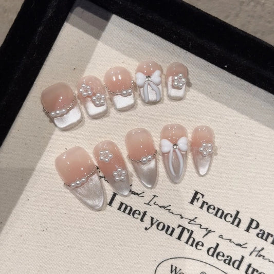 Handmade Press on Nails Sweet Bowknot Pearl Decor French Fake Nails for Women Girl Wearable Shiny Cat Eye Bride False Nail Tips Peaceful Pleasures Health and Wellness