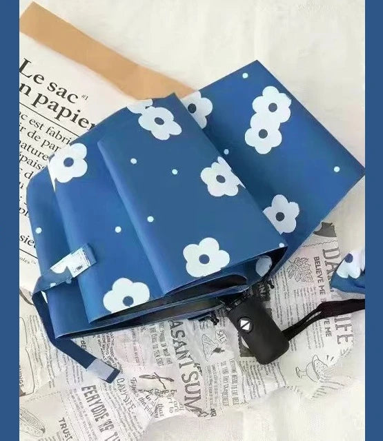 Automatic Folding Umbrella Pastoral Flower Pattern Black Coated Sun Protection Three Fold Rain and Sun Dual Use Parasol Peaceful Pleasures Health and Wellness metal-fiber composite 8K Blue
