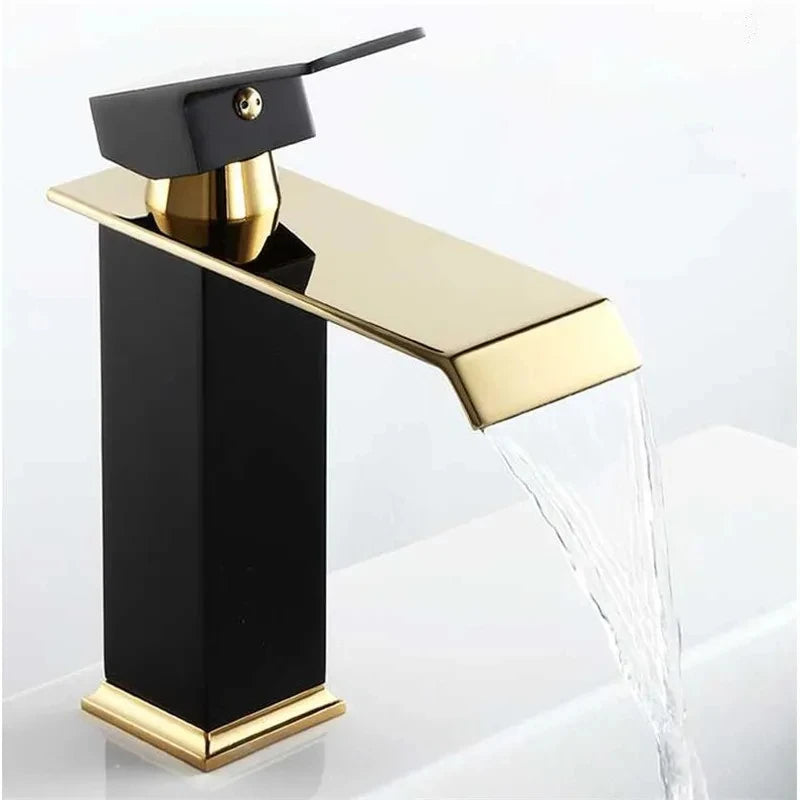 Gold & Black Waterfall Basin Faucet | Brass Bathroom Mixer Tap