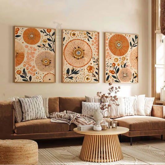3-Piece Boho Floral Canvas Wall Art | Orange & Beige Abstract Print Canvas Wall Art Set Peaceful Pleasures Health and Wellness G5344-3pcs 30x40cm Wood Framed