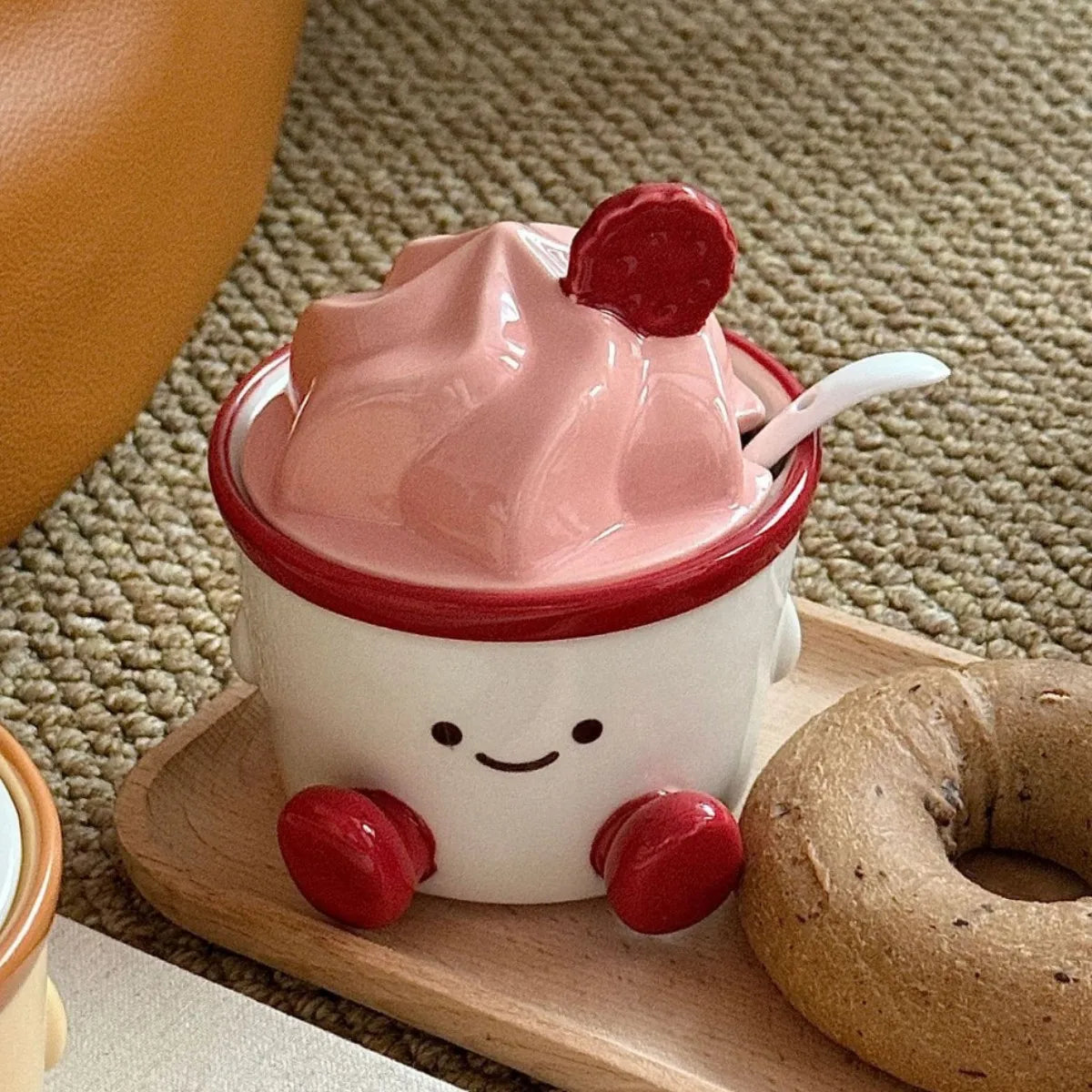 Kitchen Condiment Storage Jar Creative Ice Cream Ceramic Spice Jar Home Decorative Seasoning Pot Design Sense Salt MSG Container Peaceful Pleasures Health and Wellness 1 set pink
