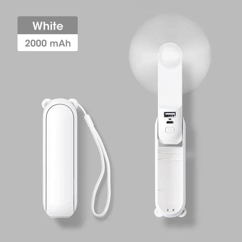 Portable Handheld Fan Mini Electric Fans USB 2000mAh Recharge Hand Held Small Pocket Fan with Power Bank Long Battery Life Peaceful Pleasures Health and Wellness 2000mAh White