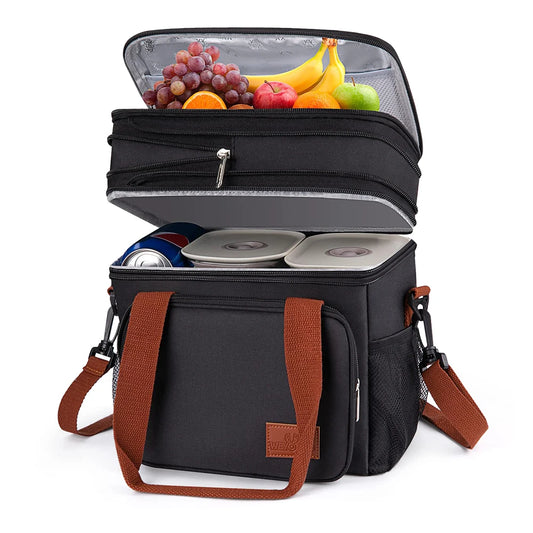 Expandable Insulated Double Deck Lunch Snack Bag 17L Large Cooler Box Leakproof for Work/Picnic/Camping/Travel with Side Pocket Peaceful Pleasures Health and Wellness black