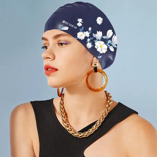 Women's Fashion Print Waterproof Silicone Swim Cap, No Choking Design, Long Hair Large Size, Professional Adult Swim Cap Peaceful Pleasures Health and Wellness