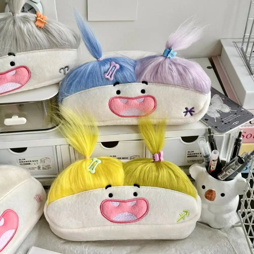DIY Fluffy Hair Afro-Hair Doll Pen Bag Large Capacity Kawaii Pencil Case Holder Funny Zipper Soft Pen Bag Gift Peaceful Pleasures Health and Wellness