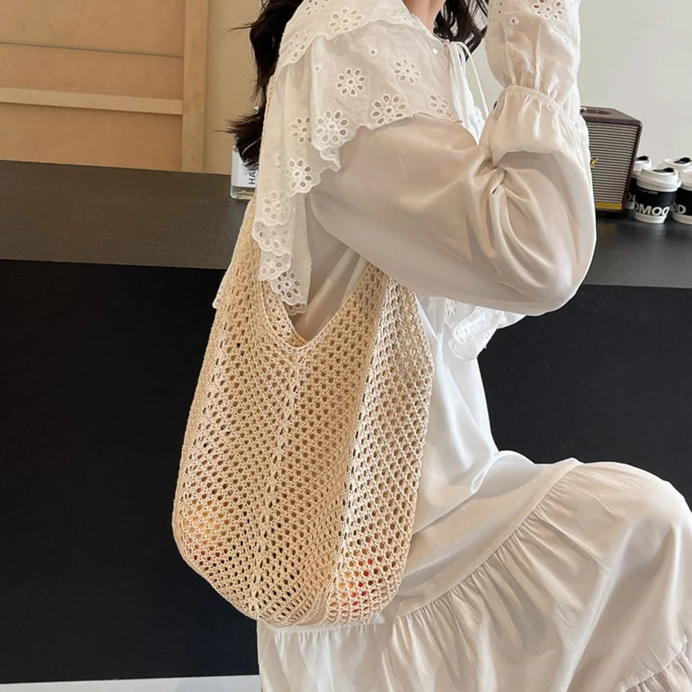 Knitted Hobo Shoulder Bag | Hollow-Out Tote for Women Peaceful Pleasures Health and Wellness