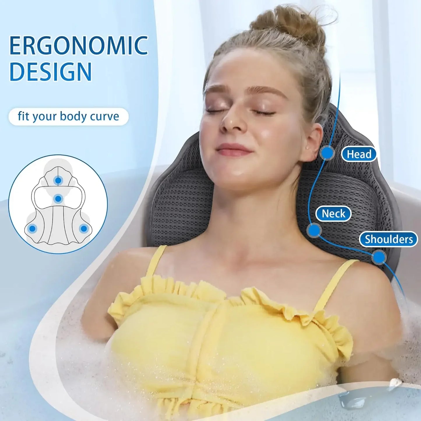 Luxury Bath Pillow with 6 Suction Cups, Ergonomic Head & Neck Support, Soft 4D Mesh for Tub Relaxation (Grey) Peaceful Pleasures Health and Wellness