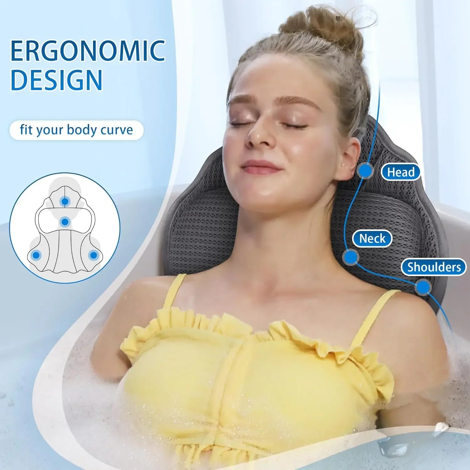 Luxury Bath Pillow with 6 Suction Cups, Ergonomic Head & Neck Support, Soft 4D Mesh for Tub Relaxation (Grey) Peaceful Pleasures Health and Wellness