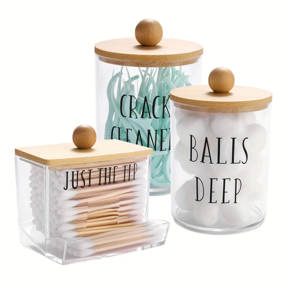 3pcs Acrylic Apothecary Jar Bathroom Organizer Set – Cotton Swab Holder, Cotton Ball & Bathroom Decor Storage