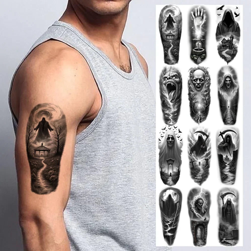 12pcs Halloween Temporary Tattoos – Grim Reaper, Vampire & Witch