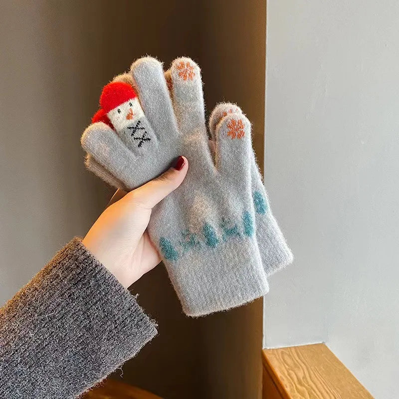 Winter Women Knit Gloves Cute Snowman Touch Screen Thick Warm Windproof Cold Proof Five Fingers Gloves Outdoor Full Finger Mitts Peaceful Pleasures Health and Wellness Grey