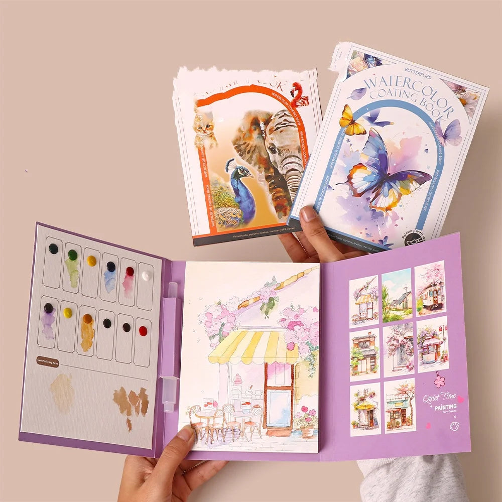 Bview Art Travel Watercolor Painting Tri-fold Book Built-in 12 Colors