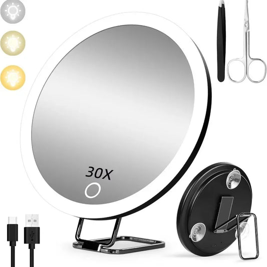 6 Inch Magnifying Mirror with Light 5-30X Portable Travel Magnified Mirror with 360° Adjustable Stand and Suction Cup Peaceful Pleasures Health and Wellness