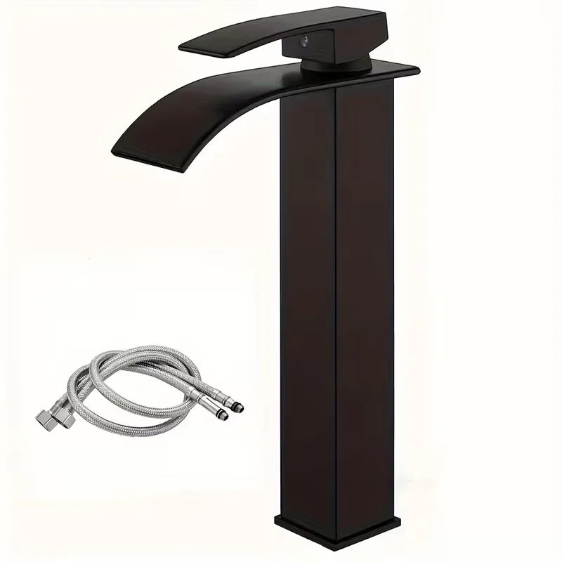 Matte Black Tall Waterfall Vessel Sink Faucet | Single Handle