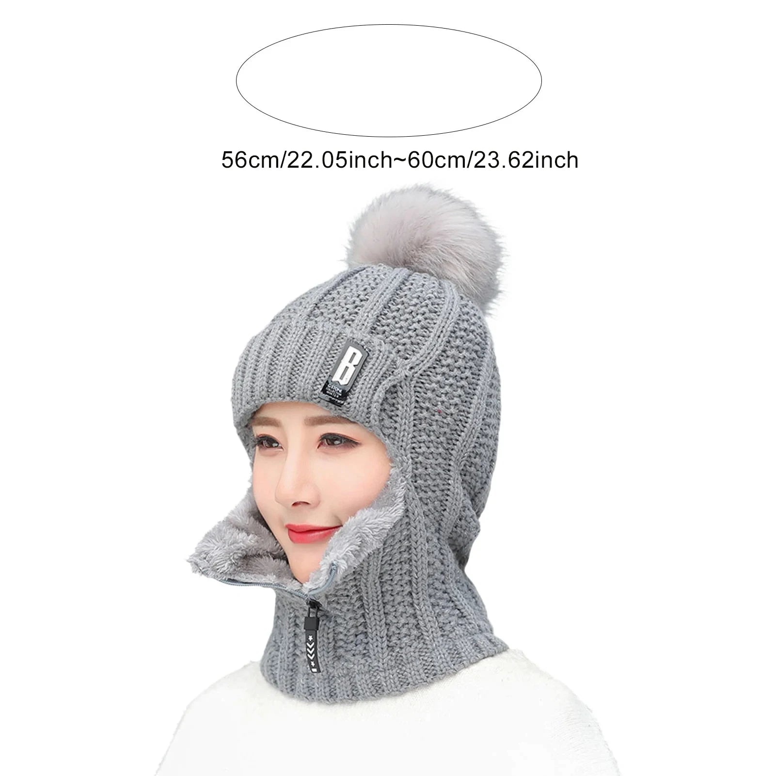 Women's 2-in-1 Scarf Beanie Hat with Zipper, Fashion & Warm Knitted Cap with Pompom, Thickened Coldproof Snow Hood for Outdoor Peaceful Pleasures Health and Wellness