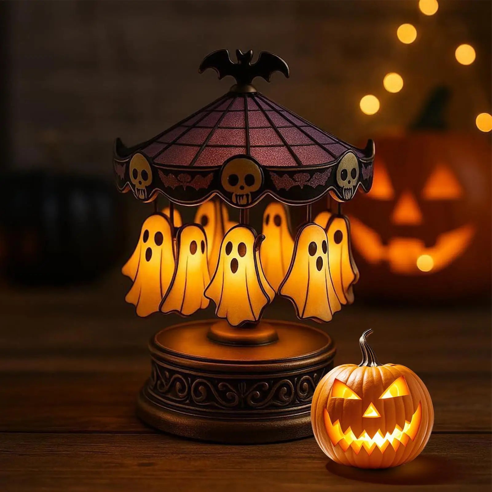 Light Up Ghost Carousel Lamp, Spooky Halloween Floating Decor for Home Kitchen Bedroom, Indoor Table Centerpiece for Parties Peaceful Pleasures Health and Wellness