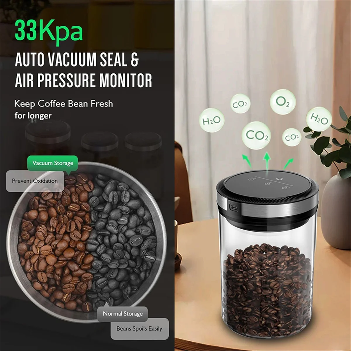 Vacuum Coffee Canister 1.6L Airtight | Auto 33kPa Seal & Touch Screen Peaceful Pleasures Health and Wellness