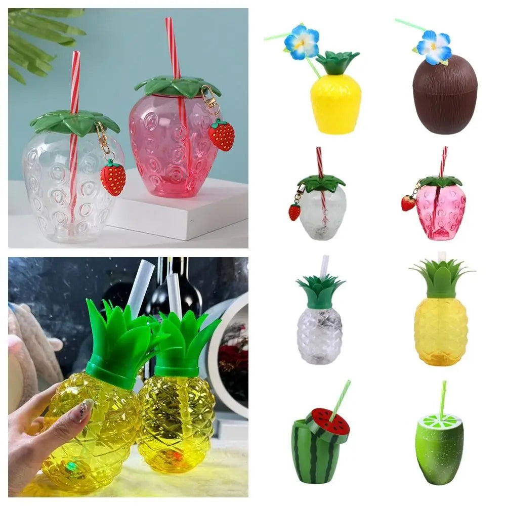 Lovely Cartoon Fruit Straw Cup Strawberry Pineapple Food Grade Plastic Drinkware Tea Milk Juice Multicolor Fruit Cup Summer Peaceful Pleasures Health and Wellness