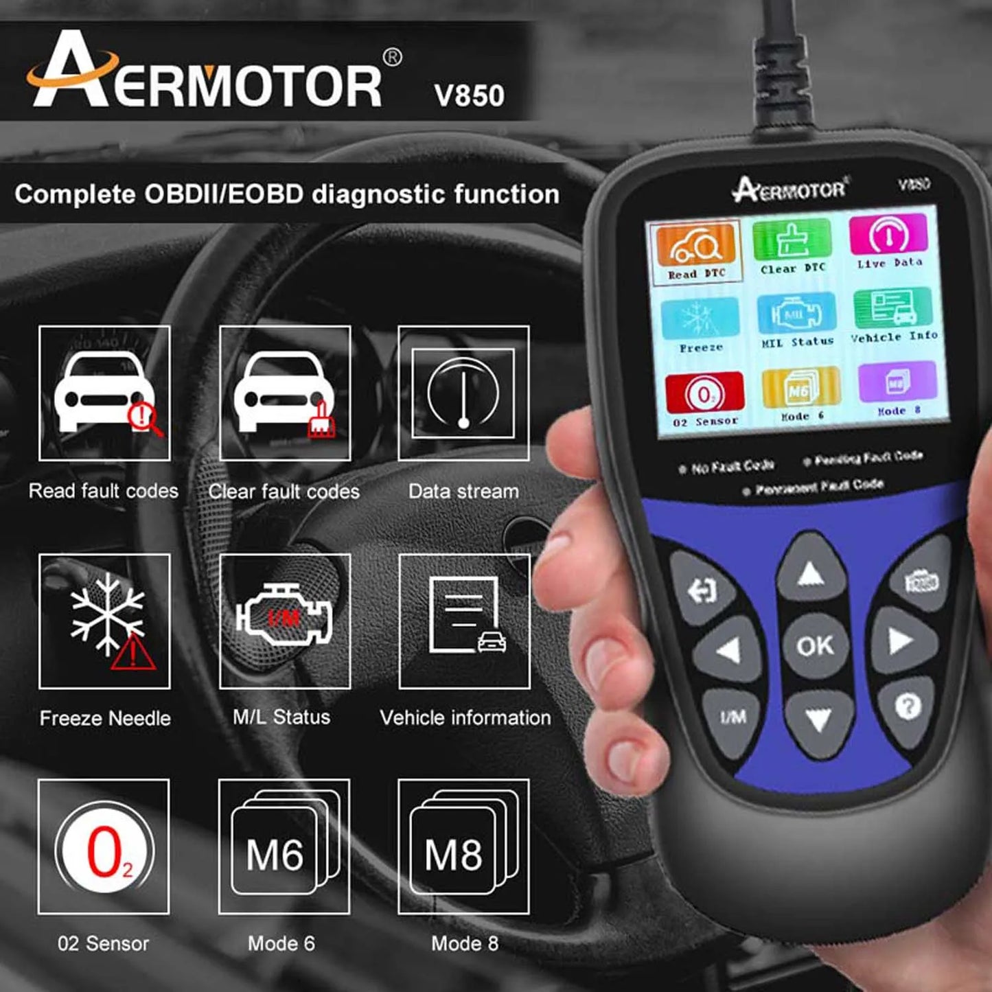 Aermotor V850 OBD2 Car Diagnostic Scanner & Code Reader