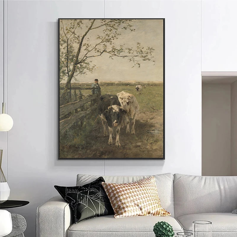 Vintage Rural Antique Animals Poster Cows in The Forest and Pasture Canvas Painting Farmhouse Wall Art Picture Office Home Decor Peaceful Pleasures Health and Wellness