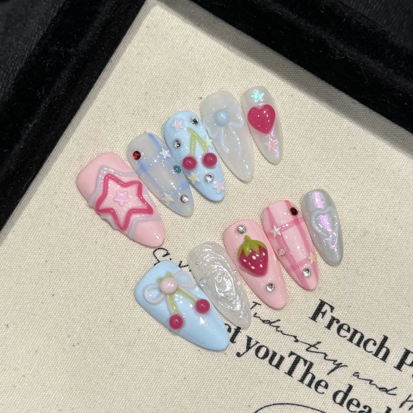 Handmade Press on Nails Ins Sweet Pink Blue Color Fake Nails for Girls Wearable 3D Cherry Love Star Korean Cute False Nail Tips Peaceful Pleasures Health and Wellness M