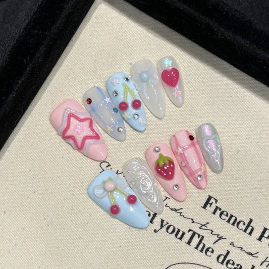 Handmade Press on Nails Ins Sweet Pink Blue Color Fake Nails for Girls Wearable 3D Cherry Love Star Korean Cute False Nail Tips Peaceful Pleasures Health and Wellness M