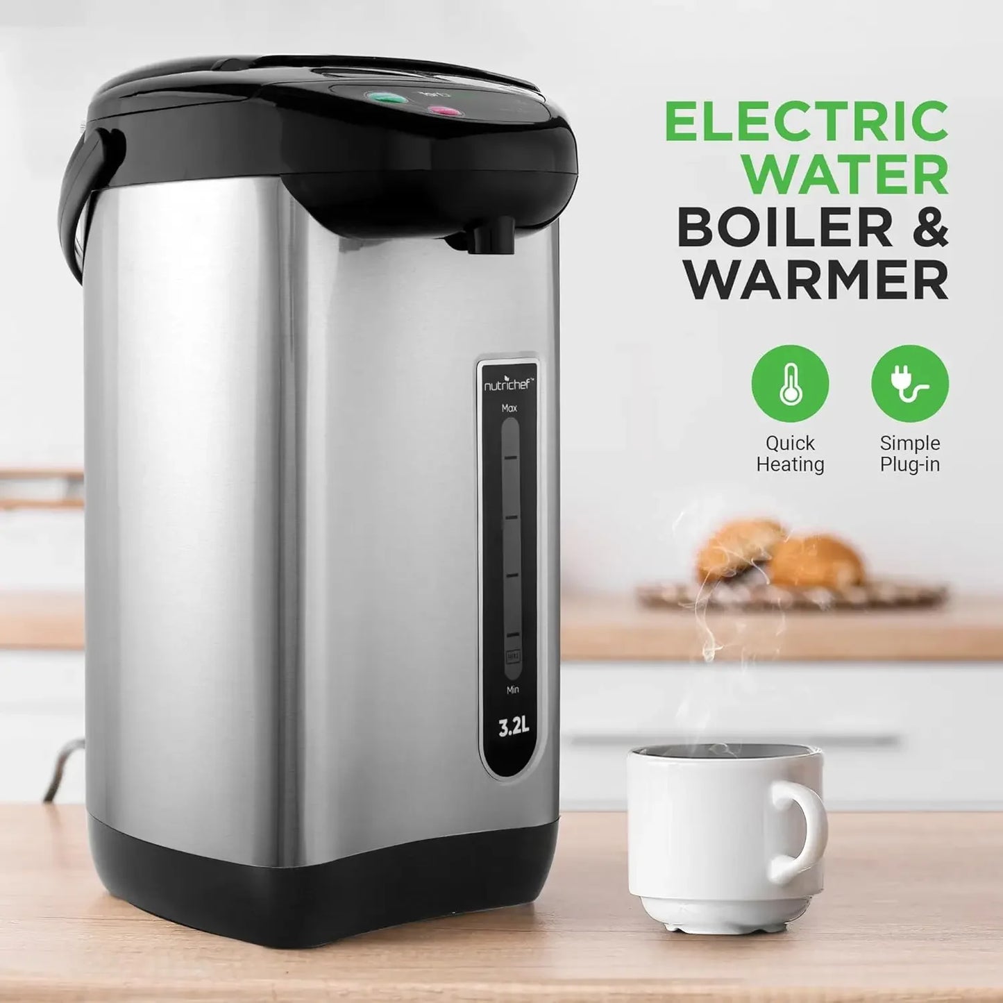 3.38 QT Insulated Stainless Steel Hot Water Dispenser with Auto/Manual Dispense, Safety Lock, Electric Kettle for Home Use Peaceful Pleasures Health and Wellness