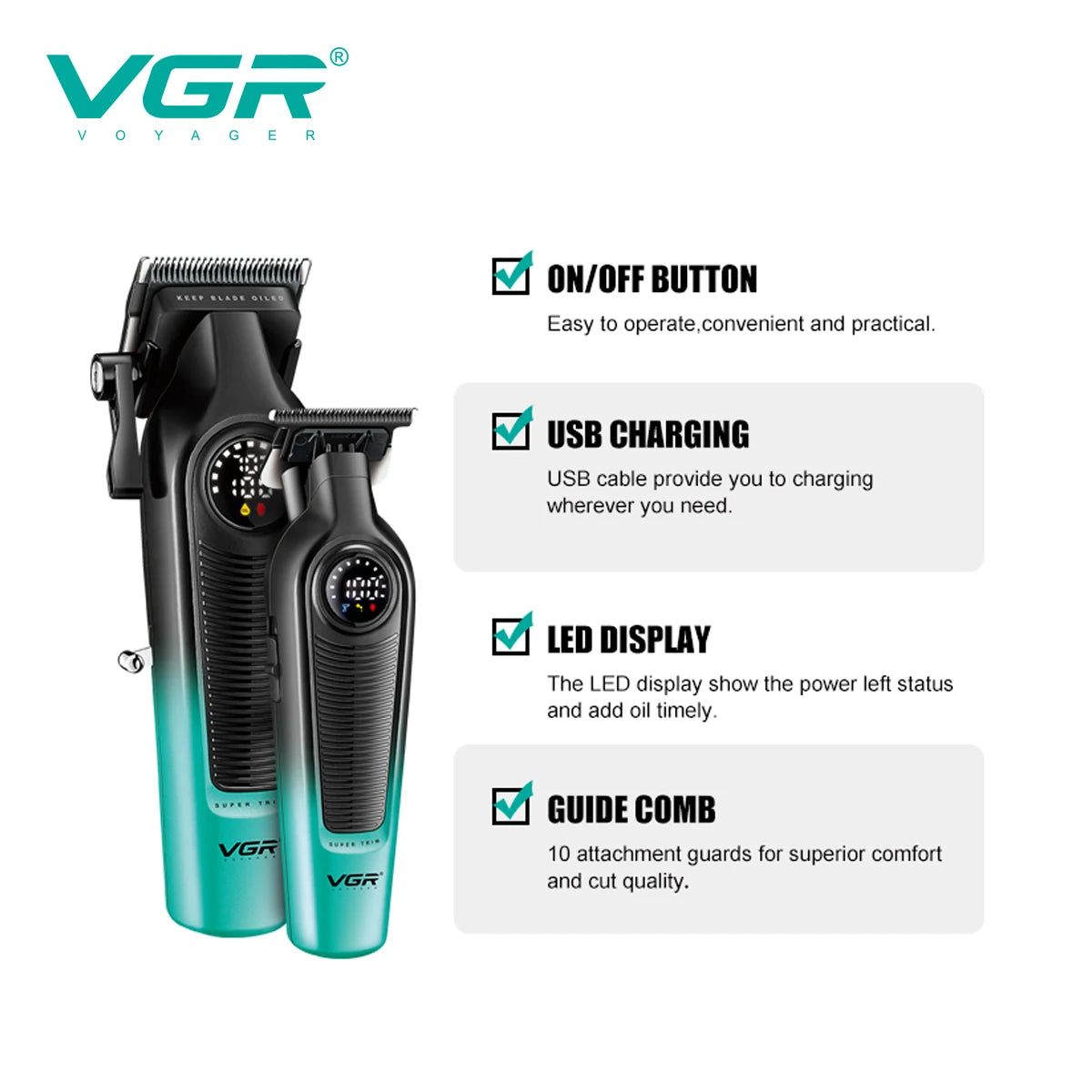 VGR high-end hair trimming set 2-piece men's electric hair clipper household oil head carving push shear digital shave V-196&996 Peaceful Pleasures Health and Wellness