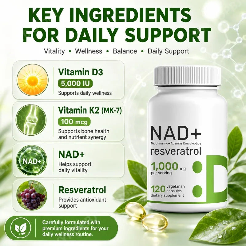 NAD+ 1000mg Resveratrol Vitamin D3 K2 – 120 Veg Capsules