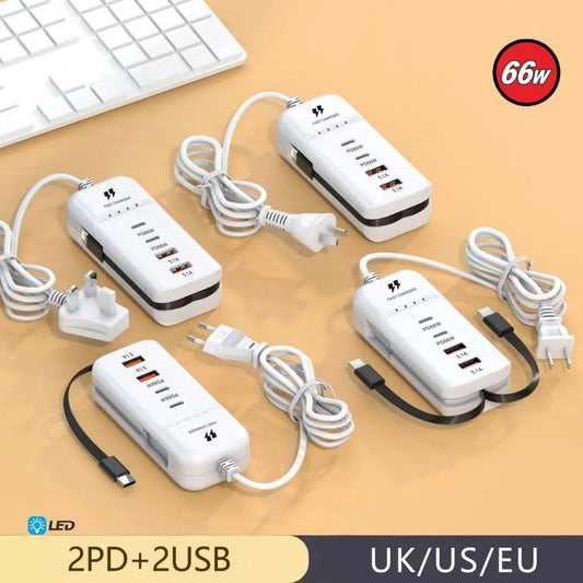 66W USB-C Fast Charger Station PD QC3.0 | 4-Port Wall Charger