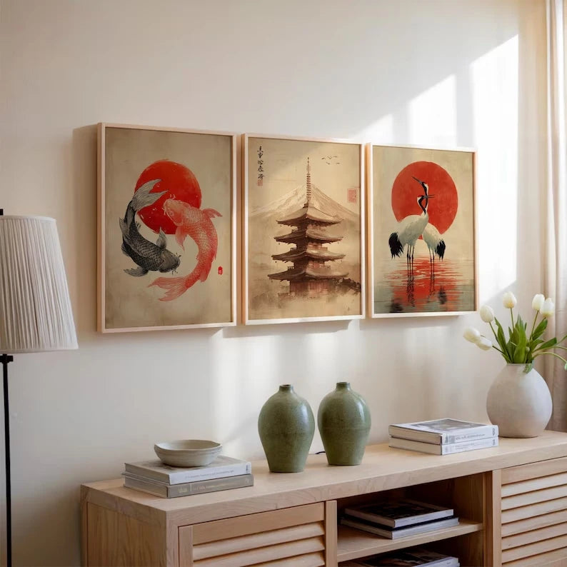 3-Piece Japanese Koi Fish Pagoda Crane Canvas Wall Art Print