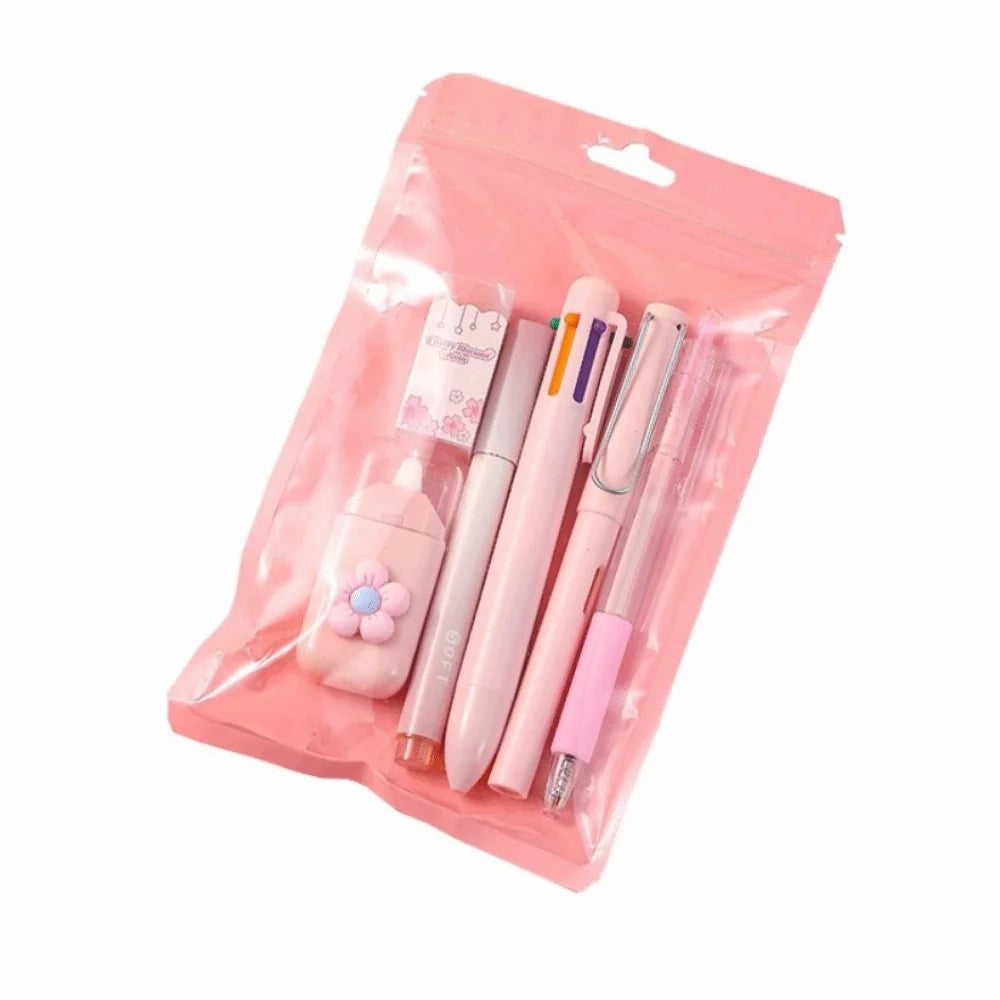 6Pcs/Set Cartoon School Stationery Set 6 Color Pens Large Capacity Student Tools Gift Kit Book Marker Pen Cartoon Stationery Set Peaceful Pleasures Health and Wellness Pink