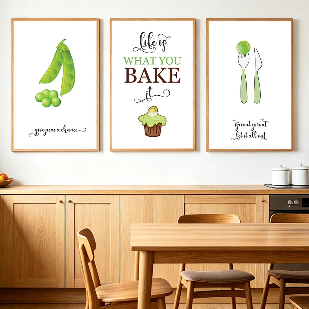 Kitchen Inspirational Quotes Wall Art, Modern Pea Cupcake Canvas Painting, Minimalist Poster Print for Kitchen Dining Room Décor Peaceful Pleasures Health and Wellness