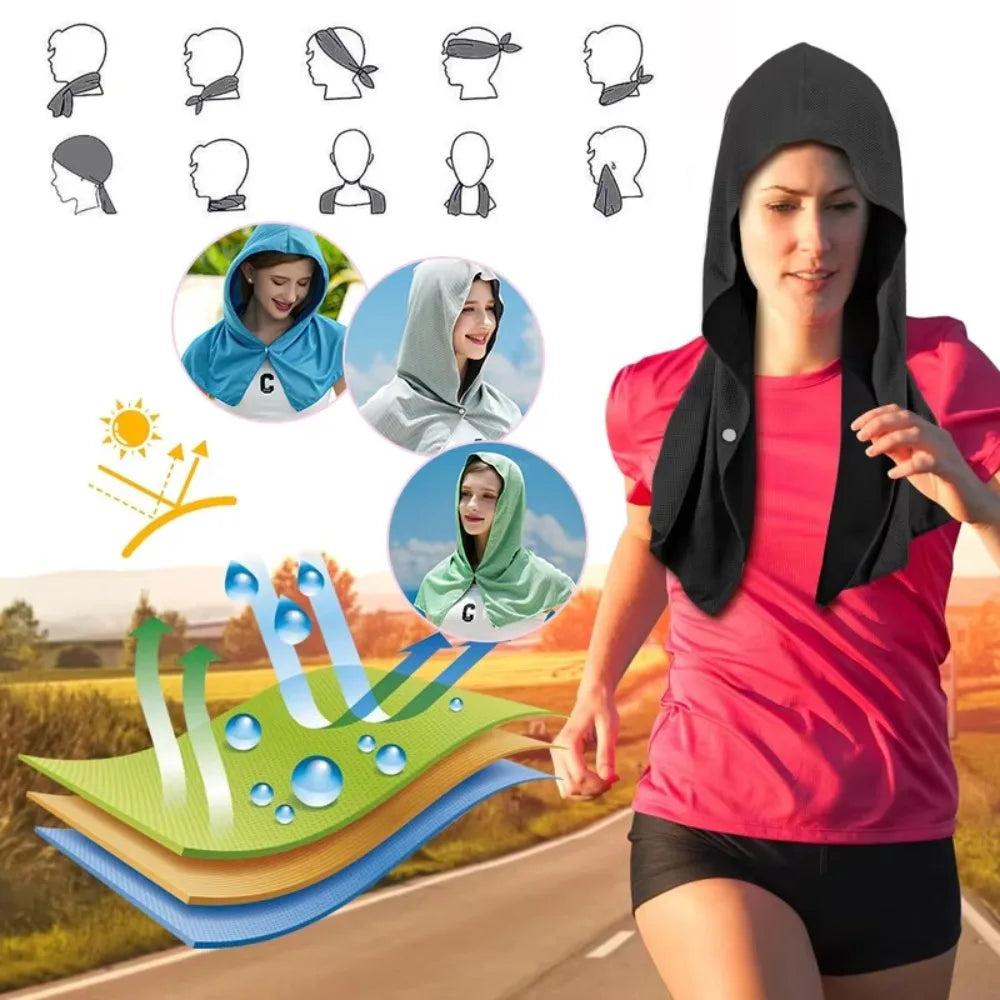 Summer Cooling Hoodie Towel Sweat-absorbent Cool Anti-UV Cycling Soft Cold Sensing Quick-drying Scarf for Fitness Hiking Fishing Peaceful Pleasures Health and Wellness