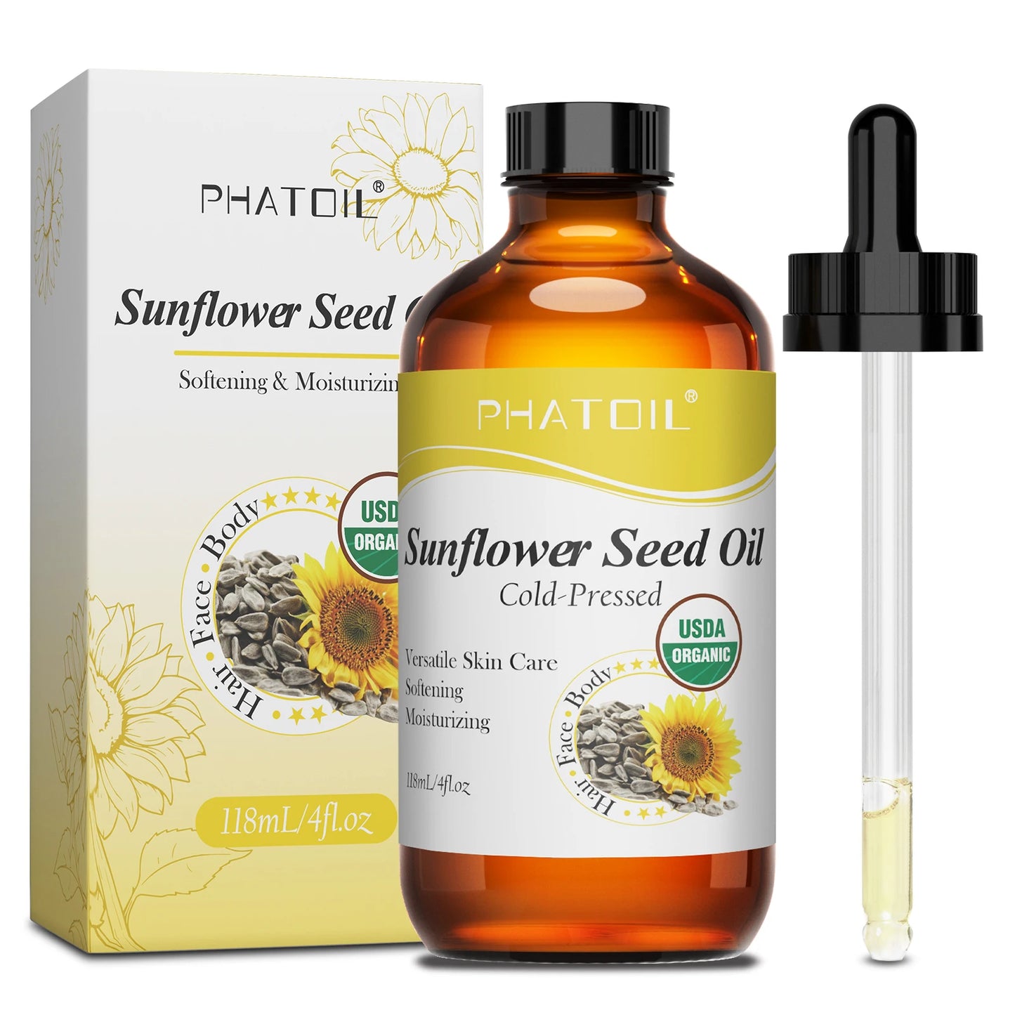 PHATOIL 118ml Moroccan Argan Oil Jojoba Oil For Skin & Hair Care Cold Pressed USDA 100% Pure Carrier Oils Body Massage Oils Peaceful Pleasures Health and Wellness Sunflower Seed Oil 118ml