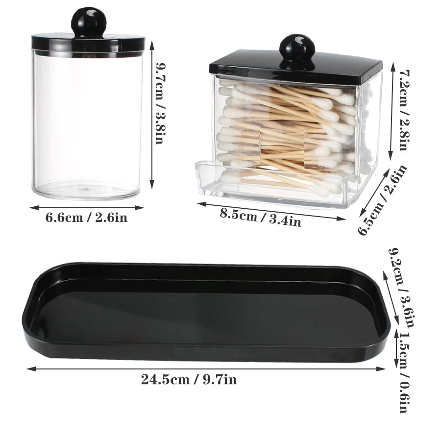 Qtip Holder Bathroom Set with Tray 3 Pack Acrylic Plastic Apothecary Jars Qtip Dispenser Canister with Lid Bathroom Organizers Peaceful Pleasures Health and Wellness